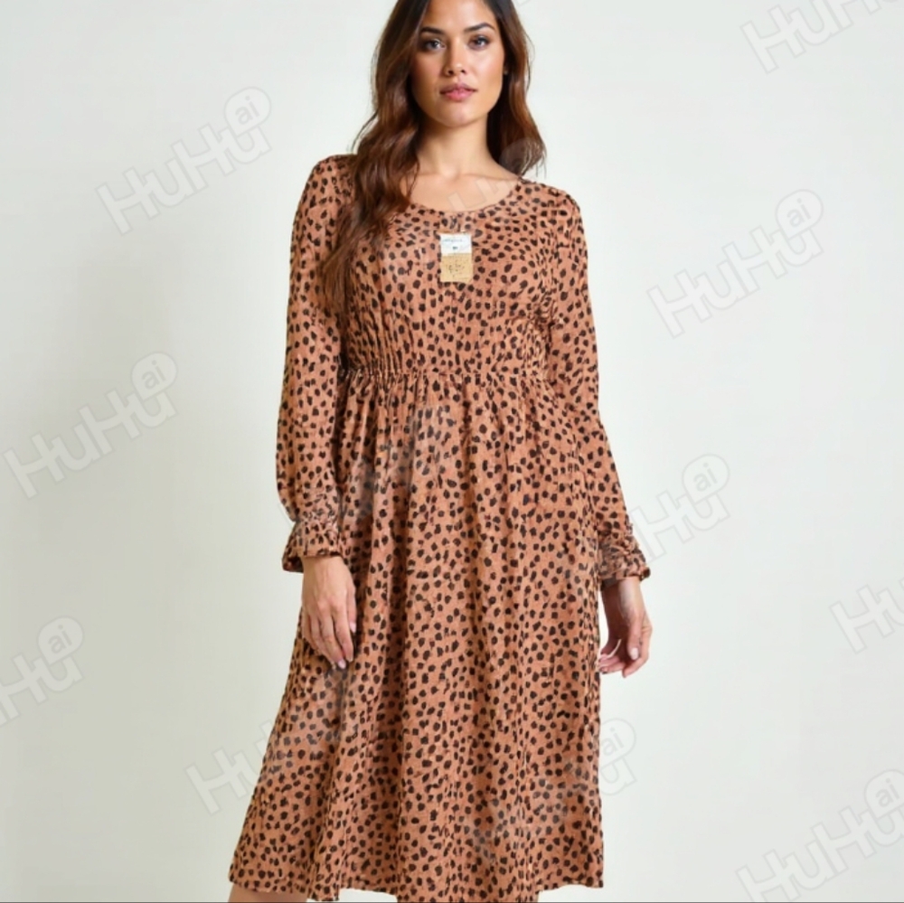Animal Print Long Sleeve Maxi Dress Size Large Scoopneck Boho Coquette Y2K Vibes